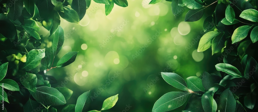 Poster Close-up of green leaves framing a soft blurred background with bokeh effect and ample copy space for text placement.