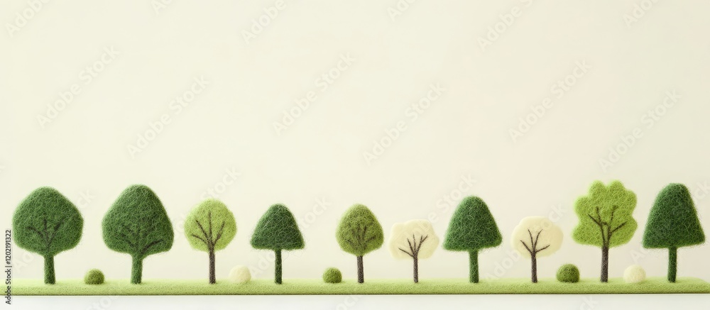 Poster Colorful tree shapes made from felt arranged in a row on a neutral background with Copy Space for text.