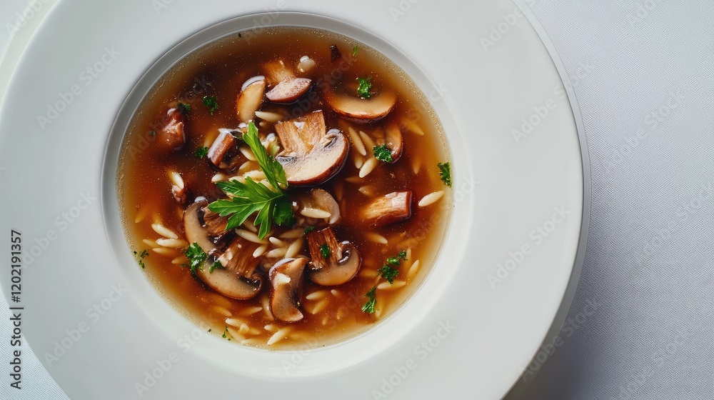 Poster mushroom soup with orzo pasta garnished with parsley in a white bowl on a white background copy spac