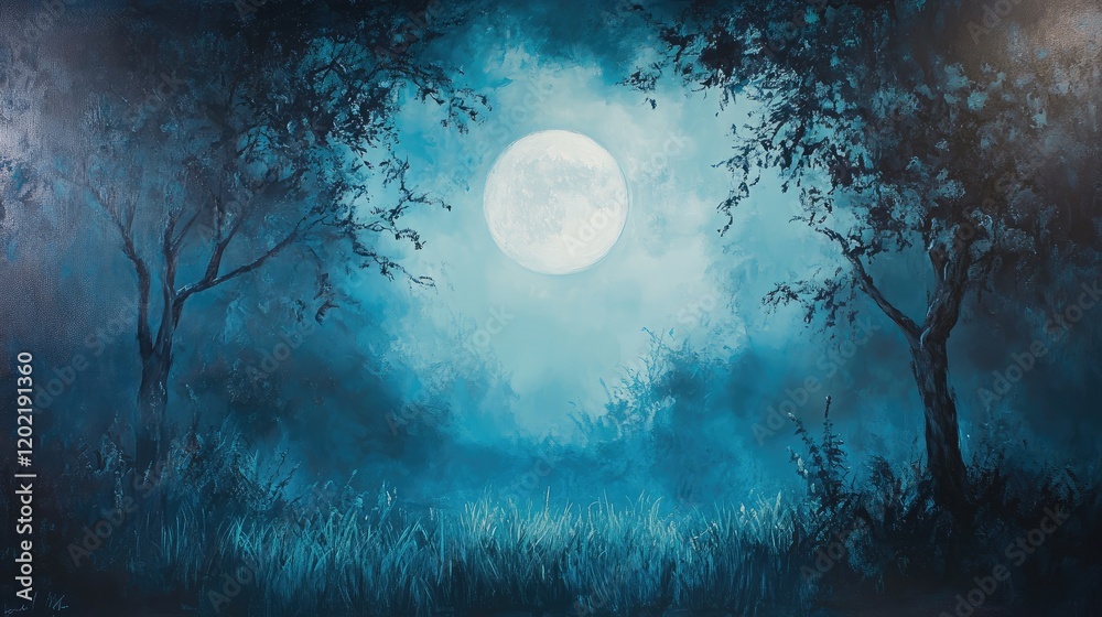 Poster moonlit landscape with trees and fog in a nighttime setting featuring blue tones and a large full mo