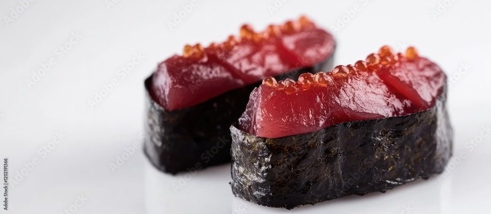 Poster sushi nigiri with tuna topped with roe on a white background with copy space