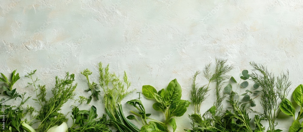 Leinwandbilder fresh herbs arranged on a light textured background with copy space for text placement.