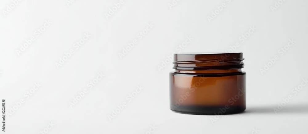 Poster amber glass jar with a white background and copy space for product labeling or branding.