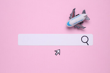 Paper search bar with cursor and toy air plane on pink background. Travel, summer resort concept
