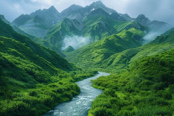 Naklejka premium Lush green valley with winding river and mountain backdrop