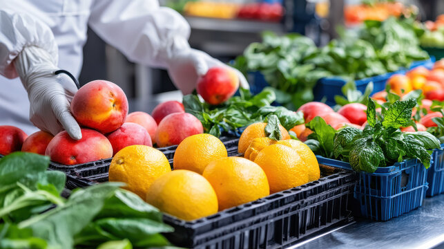 Fresh fruits and vegetables are being sorted in market setting, showcasing vibrant colors and healthy options. scene emphasizes importance of nutrition and fresh produce