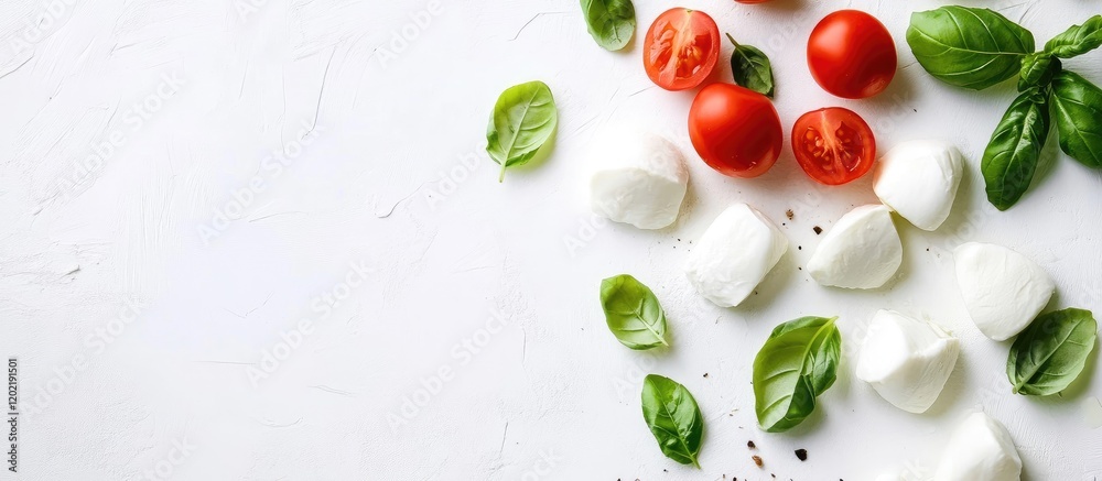 Poster fresh mozzarella balls, cherry tomatoes, and basil leaves on a white background with copy space for 