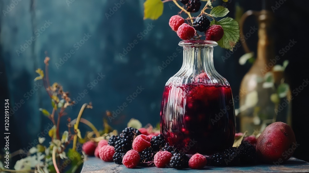 Poster glass jar filled with mixed berry juice surrounded by fresh raspberries and blackberries on a dark t