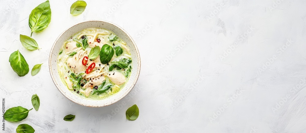 Poster healthy chicken soup with herbs and spices in a white bowl on a marble background with copy space fo