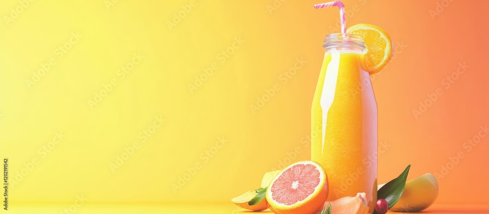 Poster fresh orange juice in glass bottle with straw surrounded by citrus fruit on gradient orange backgrou