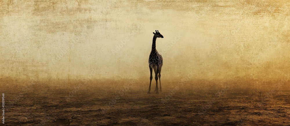 Poster giraffe standing alone in a foggy landscape with warm tones and textured background showing wildlife