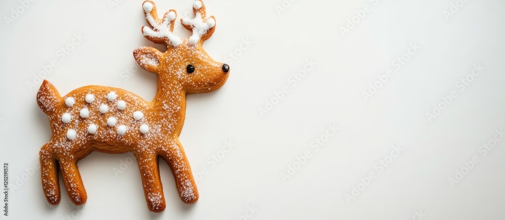 Poster Gingerbread cookie shaped like a reindeer with frosting decoration on a light backdrop with Copy Space
