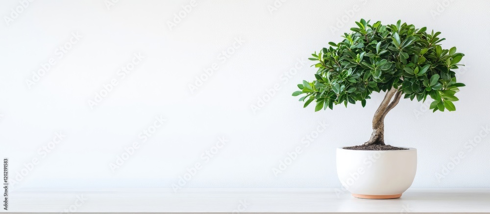 Poster Bonsai tree in a white pot on a clean minimalistic background with ample copy space for text placement