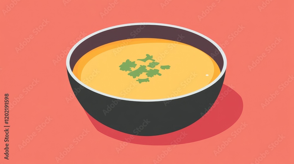 Aufkleber bowl of yellow soup with green garnish on a coral background with copy space for text placement