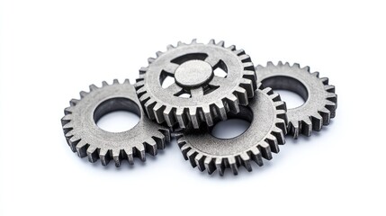 Metal gears arrangement on white background with copy space for engineering or mechanical themes.