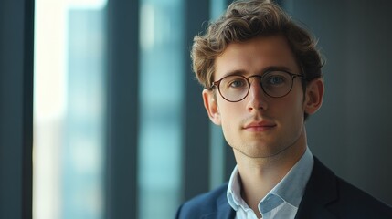 Portrait of a young man with curly hair and glasses in a modern office setting with glass windows Copy Space