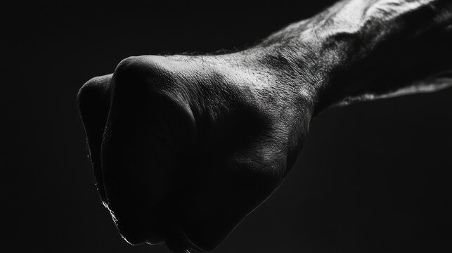 Close-up of a strong clenched fist in dramatic black and white lighting with Copy Space for text placement