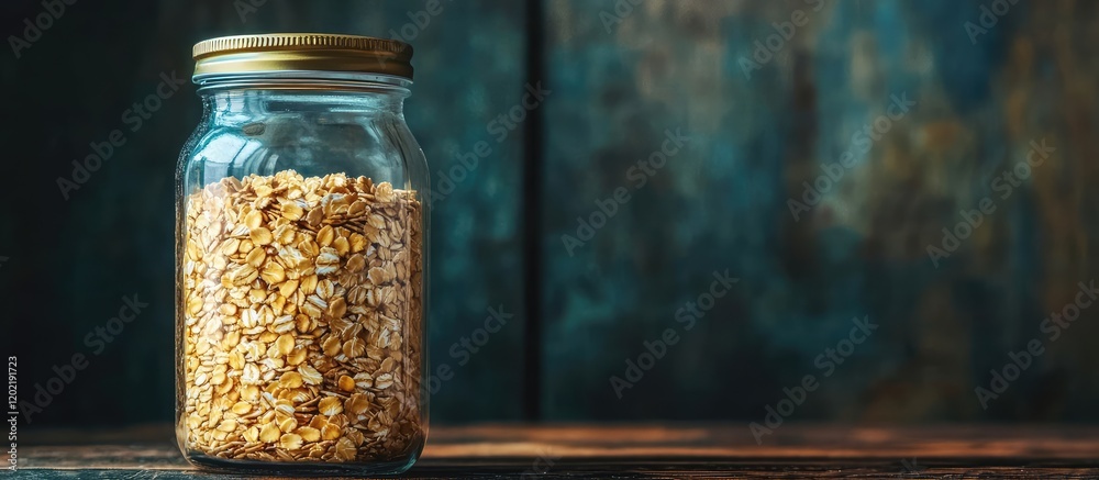 Poster Glass jar filled with grains standing on wooden surface with dark textured background and copy space for text.