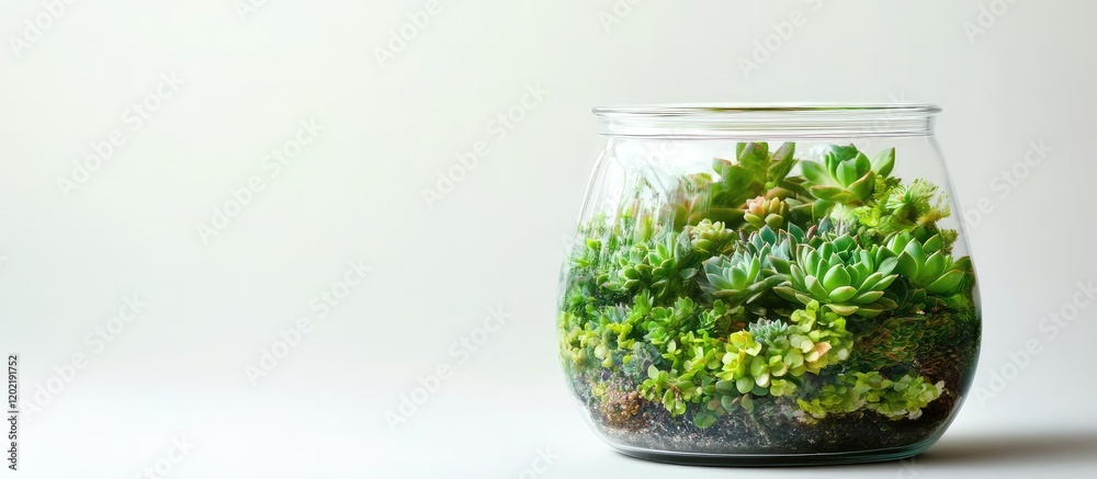 Poster succulent terrarium in a glass container with diverse greenery and copy space for text placement.