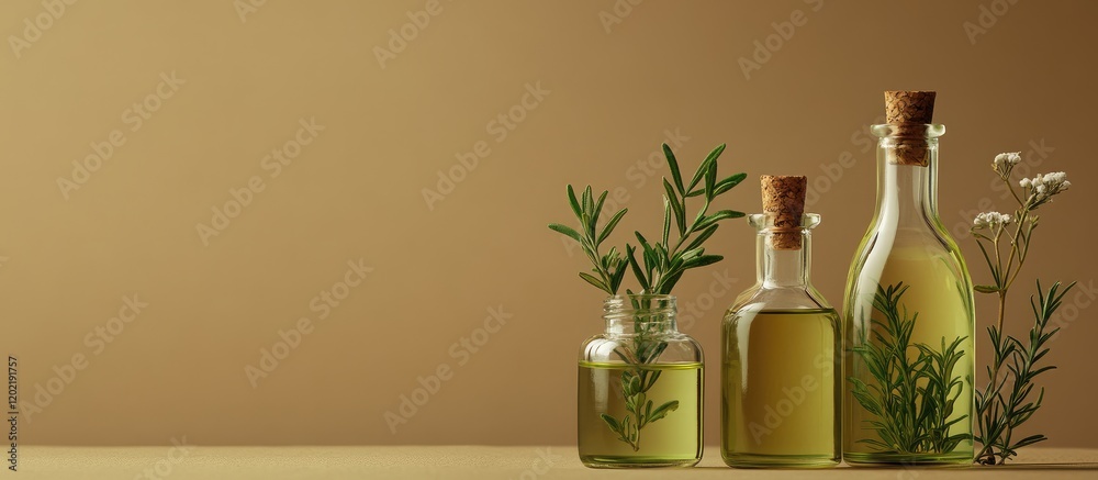 Poster glass bottles of olive oil and herbs on a plain background with copy space for text. natural light h