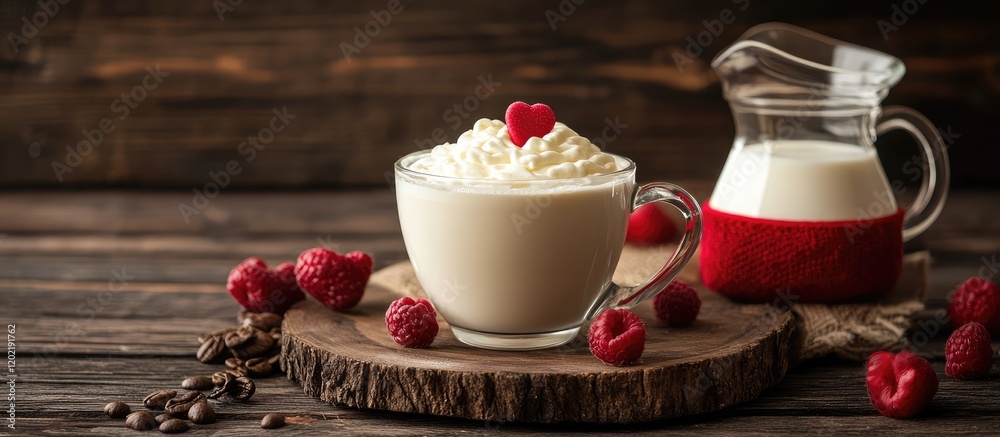 Poster Coffee drink with whipped cream and raspberry topping on wooden table with fresh raspberries and creamer jug in background Copy Space