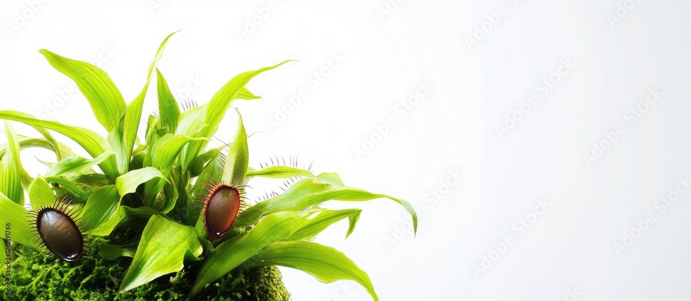 Poster green plants with vibrant leaves and acorns on moss against a light background with ample copy space