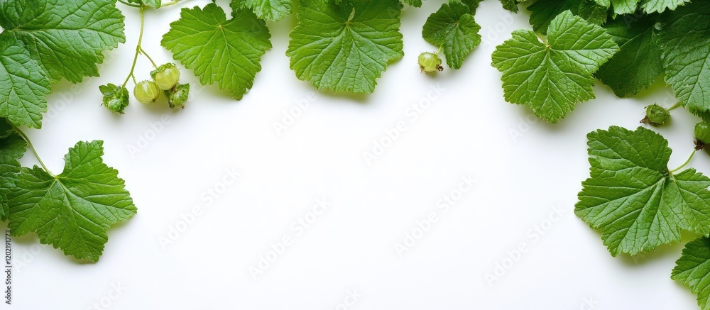 Poster green grape leaves and unripe fruit arranged with copy space on white background for botanical or fo