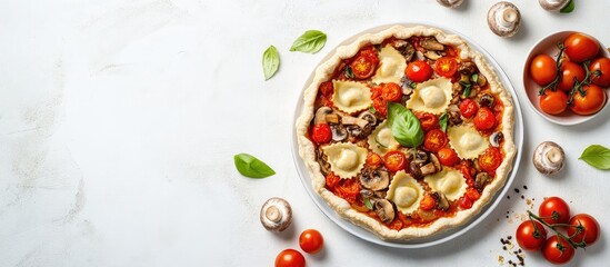 Freshly baked vegetable pizza with cherry tomatoes, mushrooms, and basil leaves on a marble countertop Copy Space