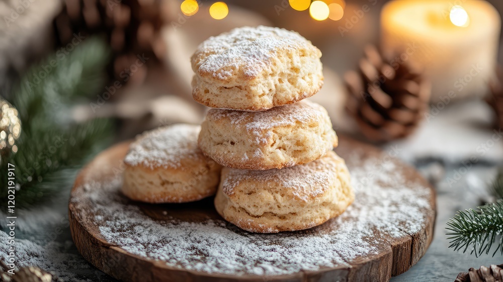 Poster freshly baked scones dusted with powdered sugar arranged on a wooden platter with festive decoration