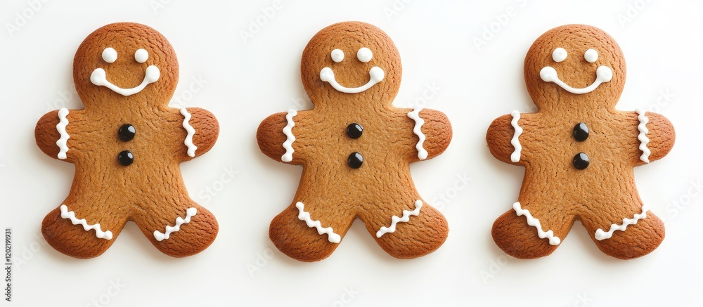 Poster gingerbread cookies with happy faces arranged in a row on a white background copy space