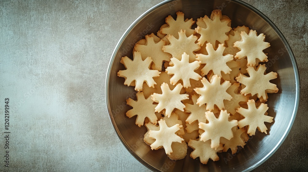 Poster Snowflake shaped cookies in a silver bowl on textured background with Copy Space