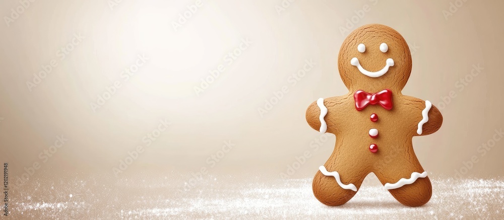 Aufkleber Gingerbread man cookie with decorative icing and red bow tie on a neutral background with copy space for text.