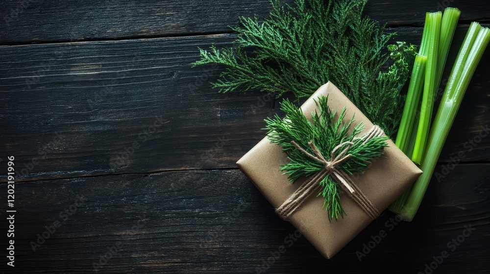 Poster gift wrapped in kraft paper with green twine and fresh greenery on dark wooden background with celer
