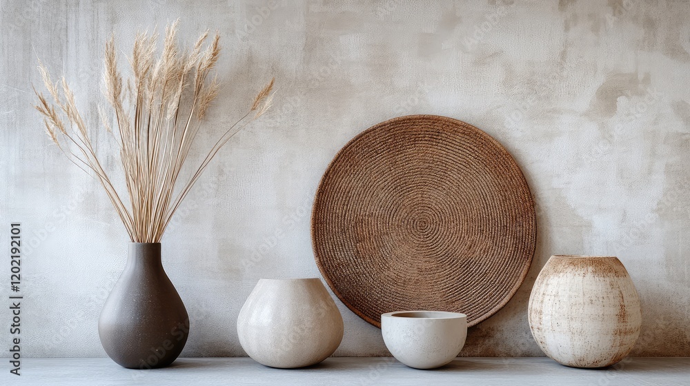 Aufkleber Minimalist arrangement of decorative vases and dried wheat on textured wall background with Copy Space for text placement.