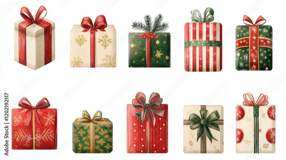 Poster collection of decorative christmas gift boxes in various colors and patterns with ribbons, copy spac