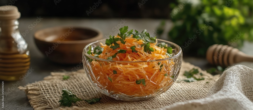 Poster Fresh grated carrots salad with herbs in a glass bowl served with honey on a rustic table with copy space for text