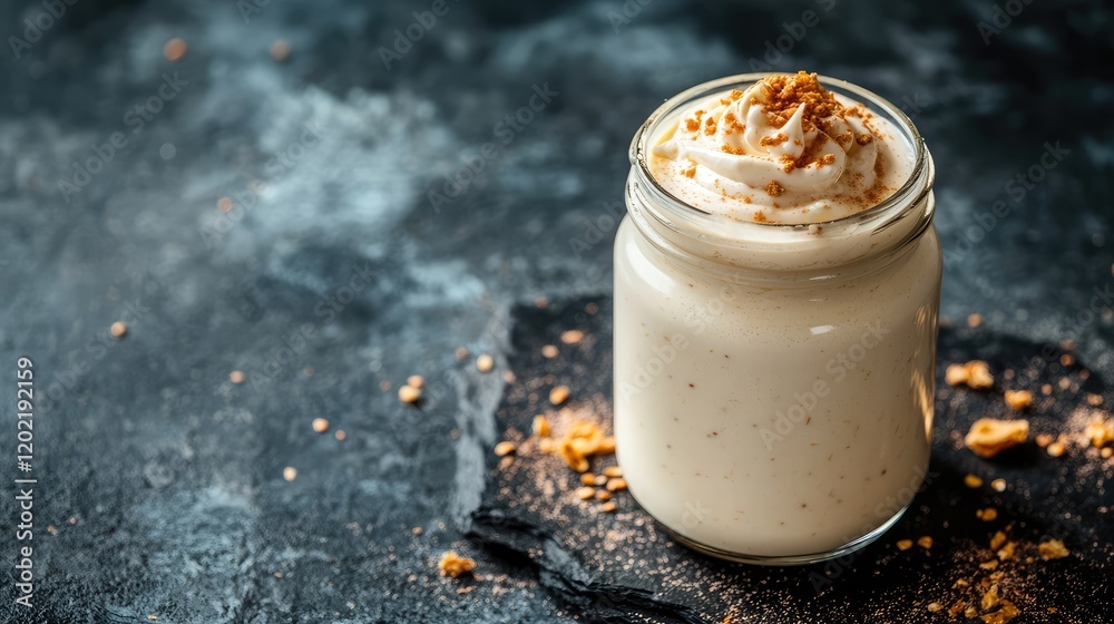 Poster creamy dessert in a jar topped with whipped cream and crushed cookies on a dark textured background 