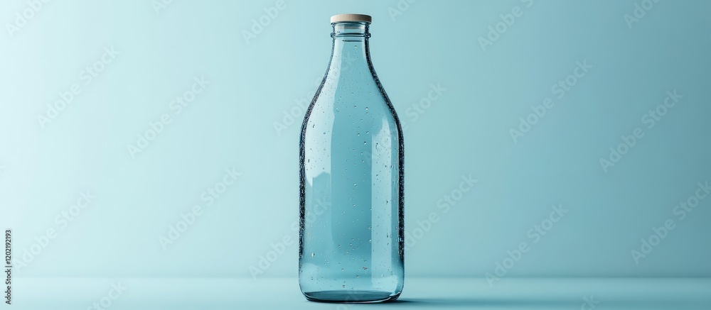Poster Glass water bottle on blue background with reflection and copy space for text placement.