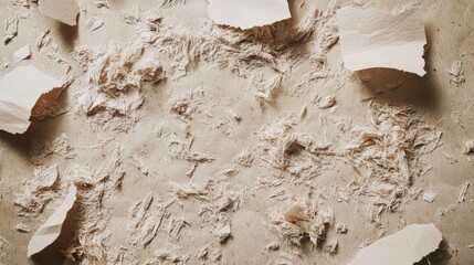 Textured surface with scattered paper fragments and fibers on a neutral background ideal for graphic design use Copy Space