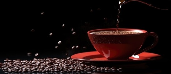 Coffee being poured into a red cup with coffee beans scattered on a dark background and copy space for text