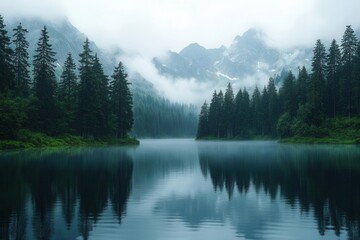 misty mountain landscape during gentle rainfall, with ethereal fog rolling through pine forests and reflecting in still lakes
