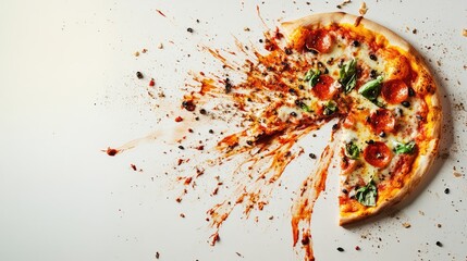 Pizza with pepperoni and basil on a white background with sauce and toppings splattered around Copy Space