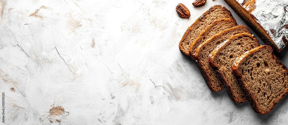 Poster sliced whole grain bread with nuts on a marble countertop with copy space for text