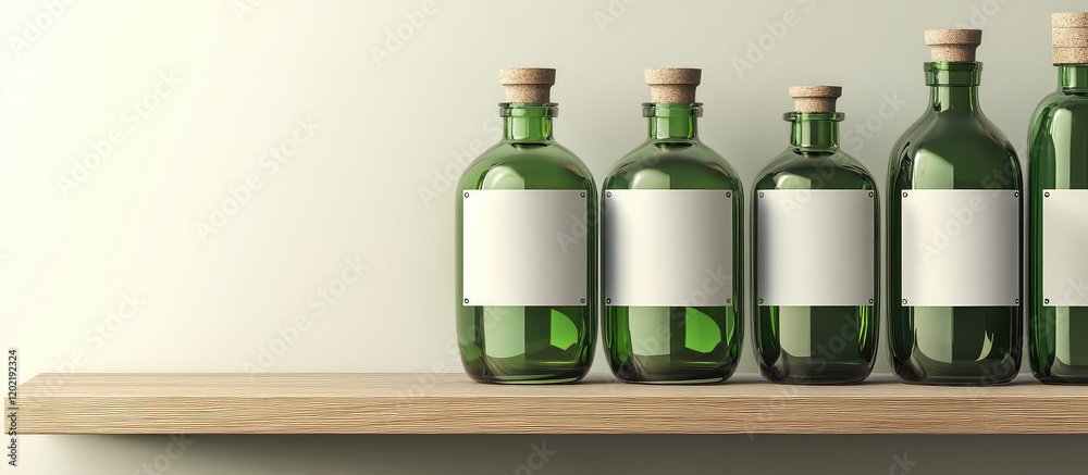 Poster green glass bottles with cork stoppers arranged on a wooden shelf against a light background with co
