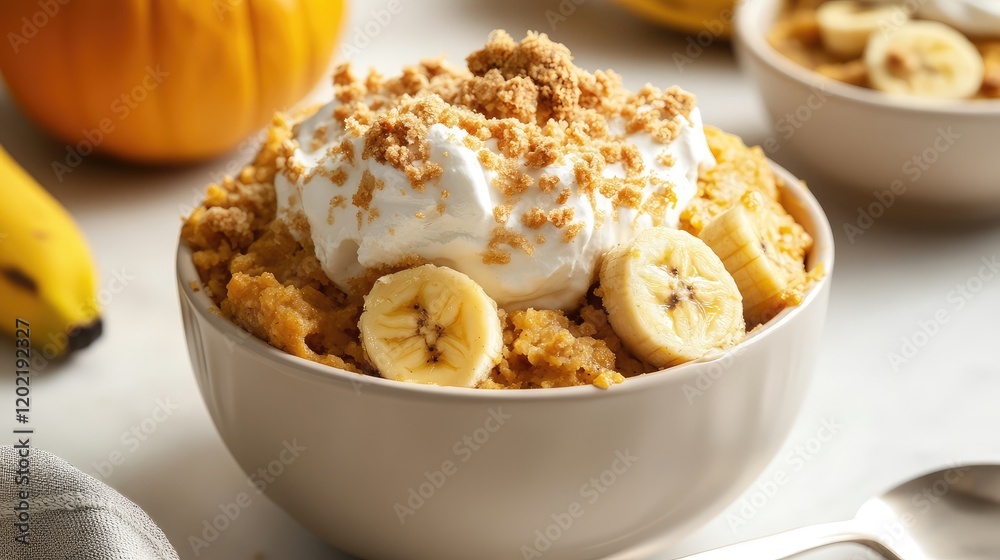 Poster banana pudding dessert topped with whipped cream and crumbled cookies in a beige bowl with bananas a