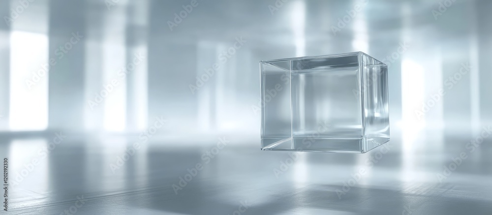 Aufkleber Transparent glass cube in minimalistic bright environment with soft reflections and Copy Space for text or graphics