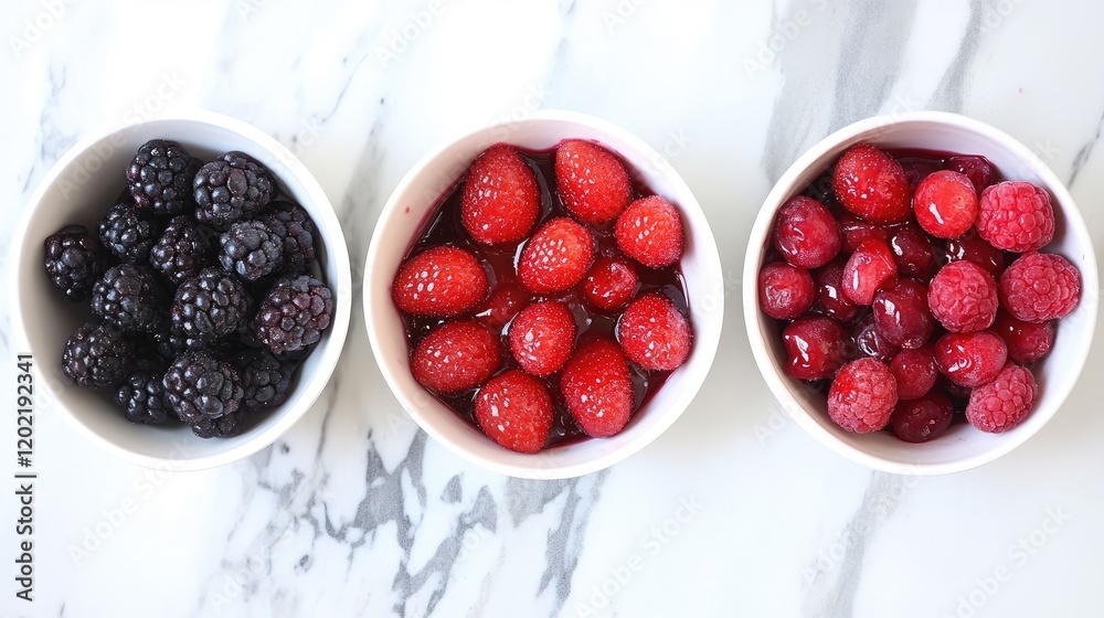 Poster bowl of blackberries raspberries and red raspberries on marble countertop with copy space for text