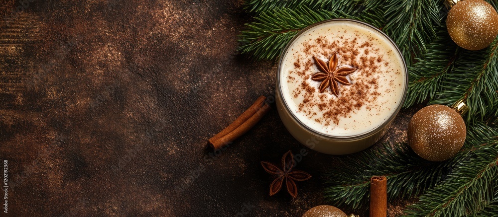 Poster coffee with spices and christmas ornaments on a rustic wooden surface copy space
