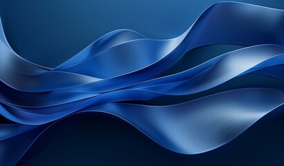 Blue abstract background with waves and ribbons. Blue wave, blue ribbon, dark blue gradient, 3D rendering.