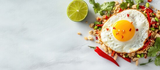Fried egg on colorful rice dish with cilantro, chili peppers, and lime on marble surface with Copy Space